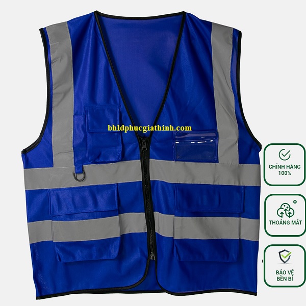 Áo lưới vải Palize 4 túi hộp màu xanh dương phản quang Poly sáng cao 5cm