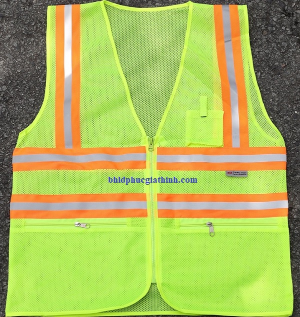 Áo lưới xanh chuối phản quang cam sọc khoá kéo 2 túi lưới