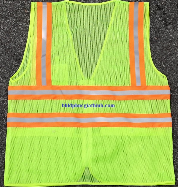 Áo lưới xanh chuối phản quang cam sọc khoá kéo 2 túi lưới