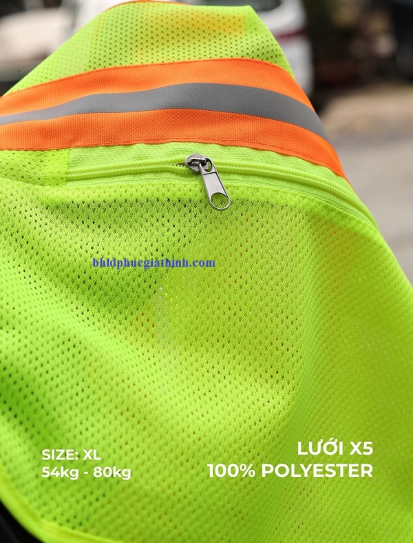 Áo lưới xanh chuối phản quang cam sọc khoá kéo 2 túi lưới