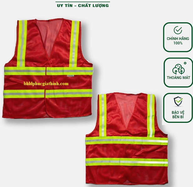 Áo lưới polyester phản quang màu đỏ kiểu 3M thoáng mát