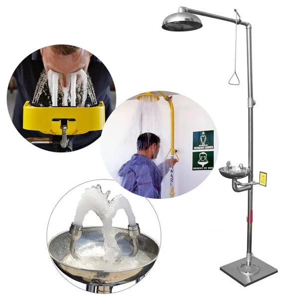 Bồn rửa mắt khẩn cấp kết hợp vòi sen tắm khẩn cấp có chân đạp bằng Inox 304 không rỉ