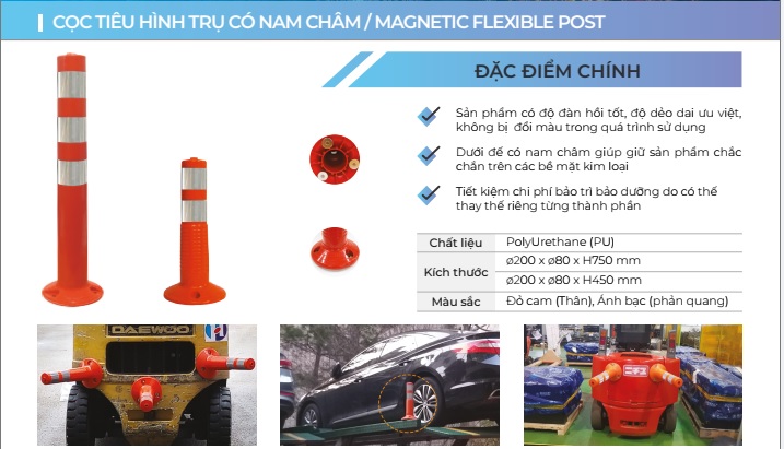 Cọc tiêu giao thông hình trụ cao 75cm (ø200 x ø80 x H750mm) đế nam châm