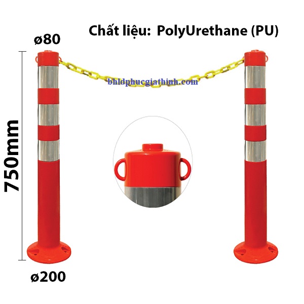 Cọc tiêu phân làn hình trụ nhựa dẻo có đầu gắn dây xích kích thước ø200 x ø80 x H750mm