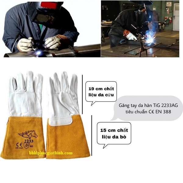 Găng tay da hàn TIG 2233 dài 34cm chất liệu da cừu kết hợp da bò
