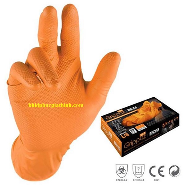 Găng tay Nitrile chuyên dụng trong thực phẩm chống dầu và hoá chất Grippaz PIP 67-256 màu cam