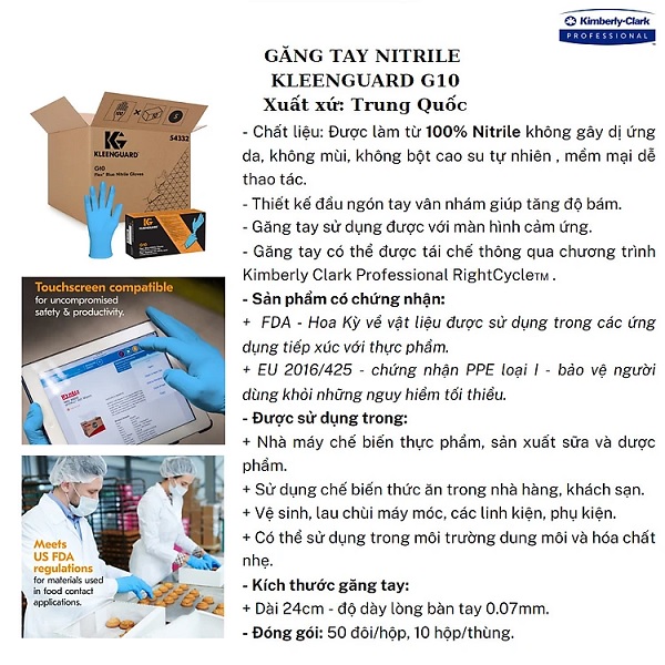 Găng tay Nitrile màu xanh chuyên dùng trong thực phẩm Kimberly-Clark Kleenguard G10
