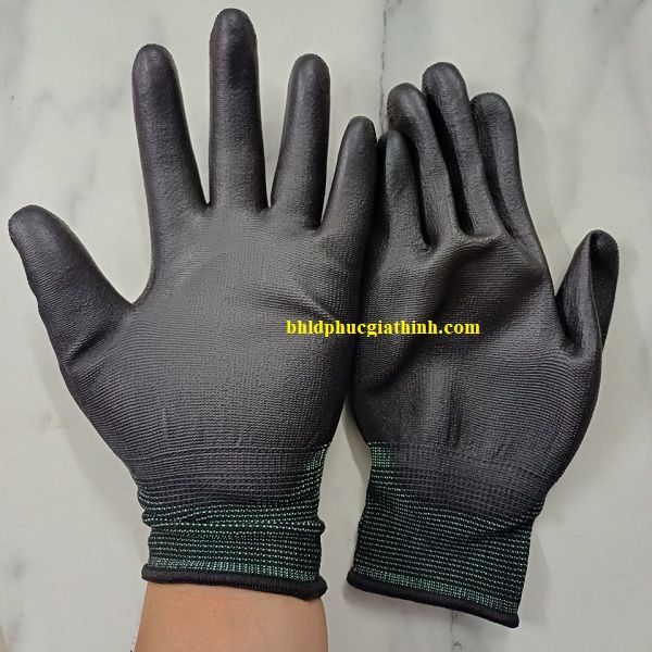 Găng tay sợi Polyester phủ PU lòng bàn tay màu đen chống tĩnh điện
