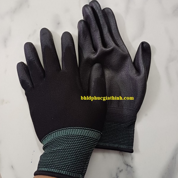 Găng tay sợi Polyester phủ PU lòng bàn tay màu đen chống tĩnh điện
