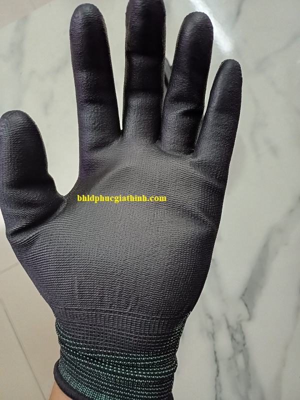 Găng tay sợi Polyester phủ PU lòng bàn tay màu đen chống tĩnh điện