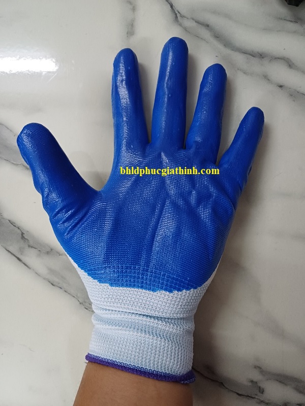 Găng tay sợi Polyester phủ sơn xanh lòng bàn tay