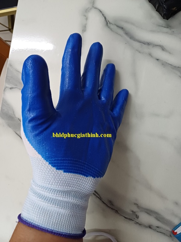 Găng tay sợi Polyester phủ sơn xanh lòng bàn tay