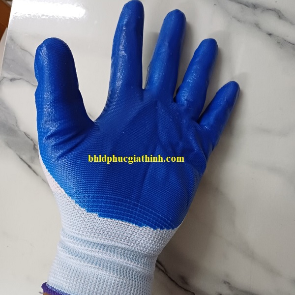 Găng tay sợi Polyester phủ sơn xanh lòng bàn tay
