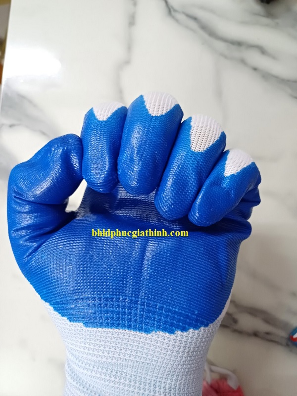 Găng tay sợi Polyester phủ sơn xanh lòng bàn tay