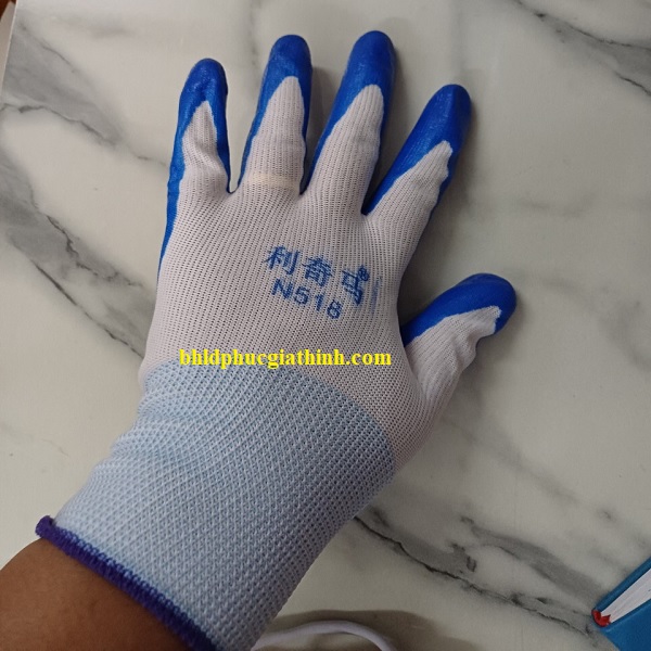Găng tay sợi Polyester phủ sơn xanh lòng bàn tay