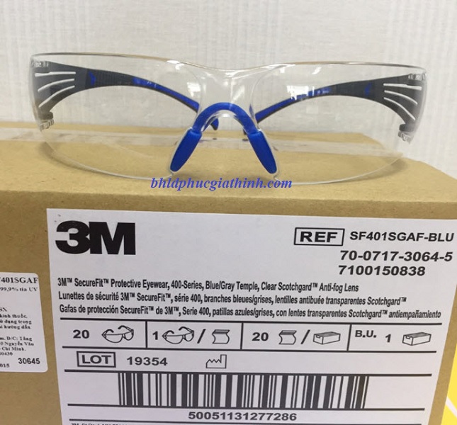 Kính bảo hộ chống trầy xước và chống đọng sương mù 3M SF401SGAF-BLU xuất xứ Đài Loan
