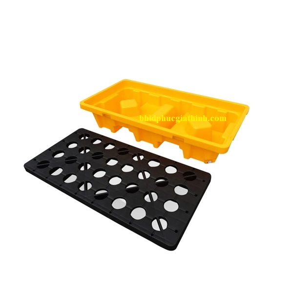 Pallet nhựa chống tràn dầu và hoá chất 2 phuy kích thước 1300x680x300mm