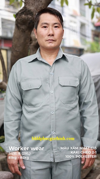 Quần áo bảo hộ màu xám nhạt vải kaki chéo 2-1 poly cao cấp