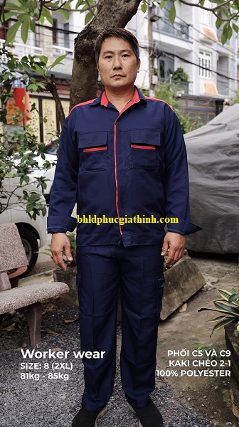 Quần áo bảo hộ màu xanh đen phối đỏ vải kaki chéo 2-1 poly cao cấp
