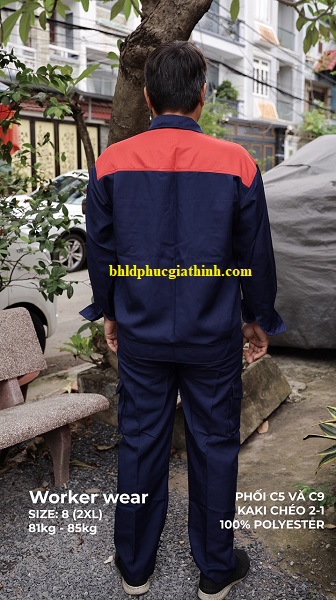 Quần áo bảo hộ màu xanh đen phối đỏ vải kaki chéo 2-1 poly cao cấp