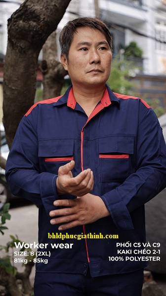 Quần áo bảo hộ màu xanh đen phối đỏ vải kaki chéo 2-1 poly cao cấp
