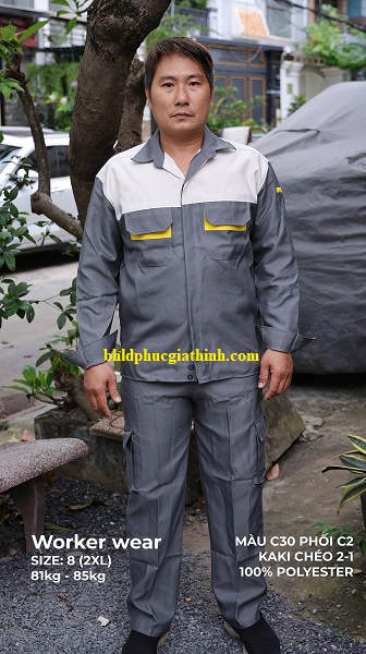 Quần áo bảo hộ phối màu xám trắng vải Kaki chéo 2-1 Poly cao cấp