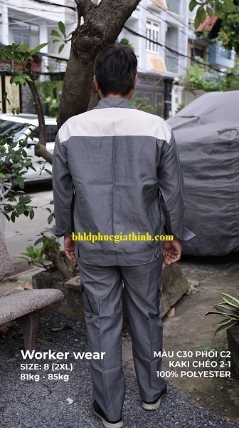 Quần áo bảo hộ phối màu xám trắng vải Kaki chéo 2-1 Poly cao cấp