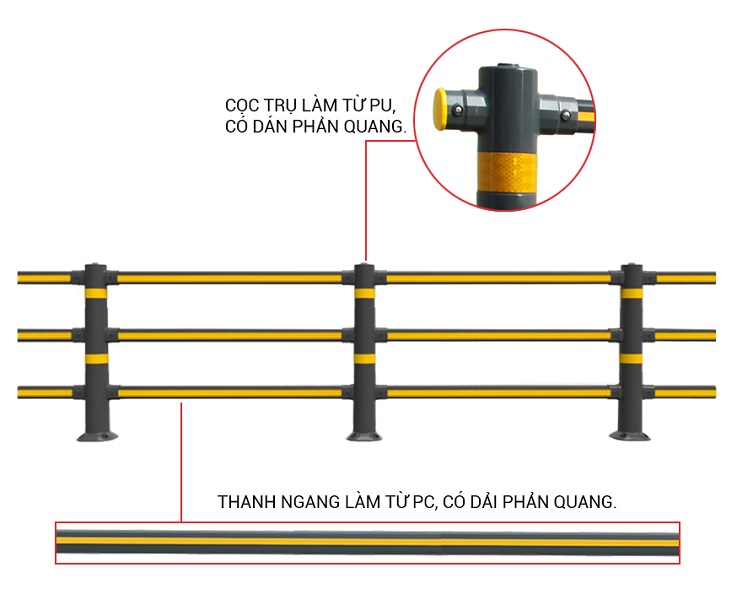 Rào phân làn 3 thanh phản quang L2.000xW200xH950mm có thể lắp đặt nối tiế