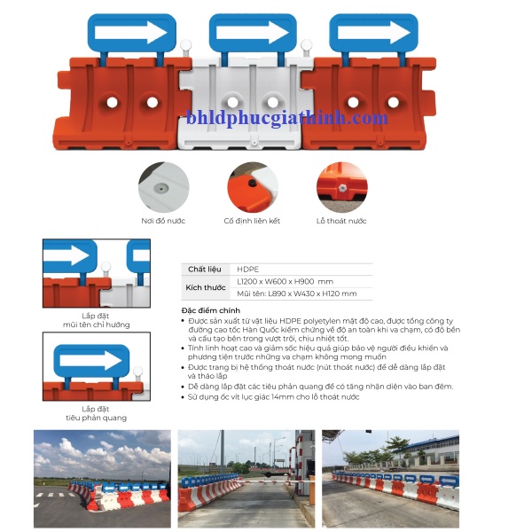 Rào phân làn đường đổ nước chất liệu HDPE có kích thước L1200 x W600 x H900