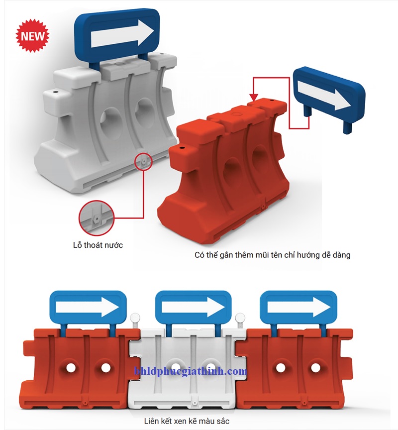 Rào phân làn đường đổ nước chất liệu HDPE kích thước L800 x W450 x H600