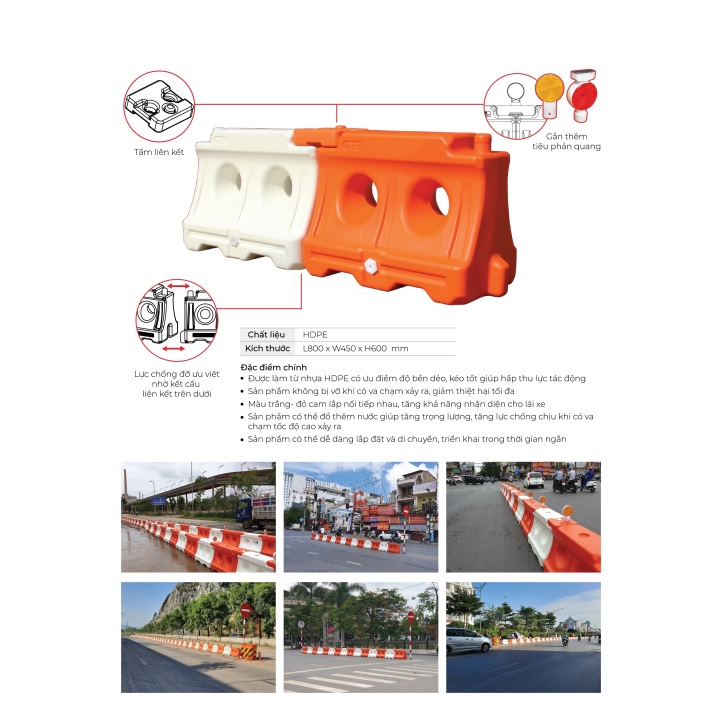 Rào phân làn đường đổ nước chất liệu HDPE kích thước L800 x W450 x H600