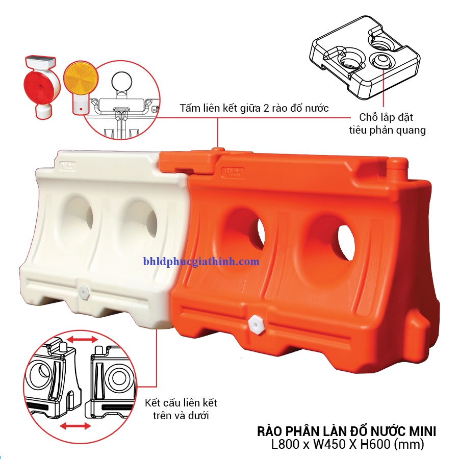 Rào phân làn đường đổ nước chất liệu HDPE kích thước L800 x W450 x H600