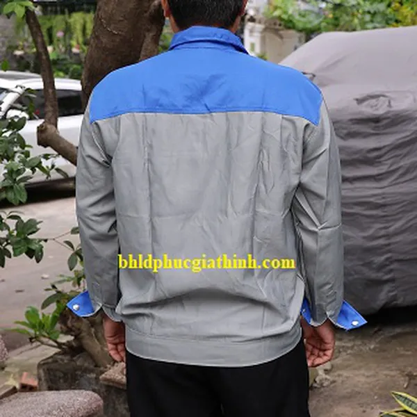 Áo bảo hộ màu xám phối xanh bích vải Kaki chéo 2-1 poly cao cấp
