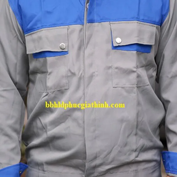 Áo bảo hộ màu xám phối xanh bích vải Kaki chéo 2-1 poly cao cấp
