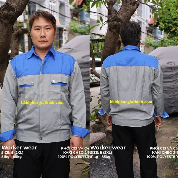 Áo bảo hộ màu xám phối xanh bích vải Kaki chéo 2-1 poly cao cấp