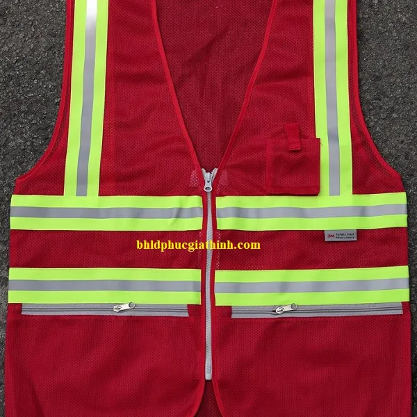 Áo lưới màu đỏ phản quang xanh sọc khoá kéo 2 túi lưới