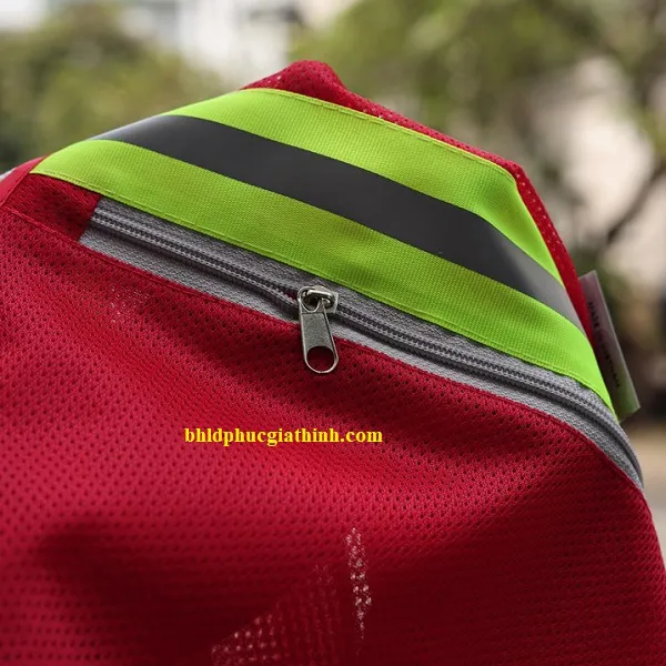 Áo lưới màu đỏ phản quang xanh sọc khoá kéo 2 túi lưới
