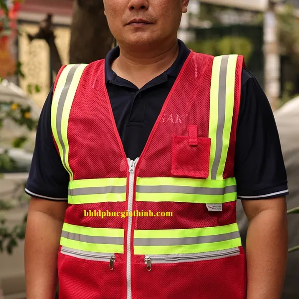 Áo lưới màu đỏ phản quang xanh sọc khoá kéo 2 túi lưới