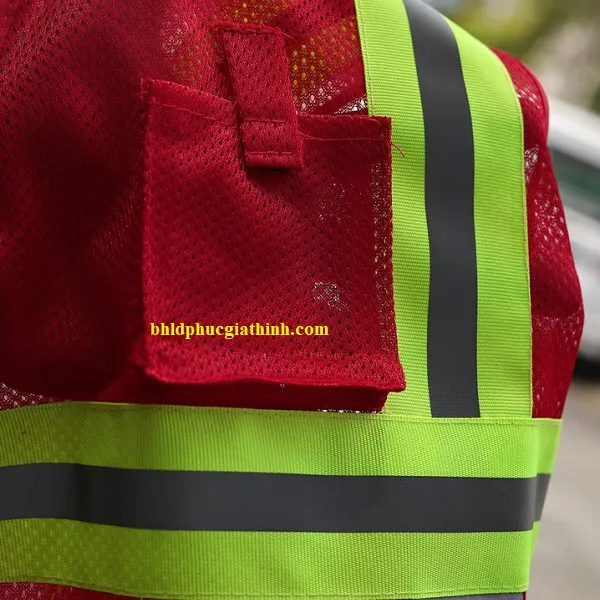 Áo lưới màu đỏ phản quang xanh sọc khoá kéo 2 túi lưới