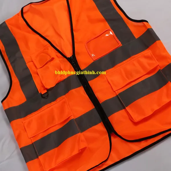 Áo lưới vải Palize 4 túi hộp màu cam phản quang Poly sáng cao 5cm