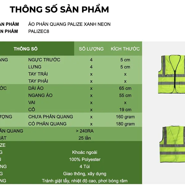 Áo lưới vải Palize 4 túi hộp màu xanh chuối phản quang Poly sáng cao 5cm