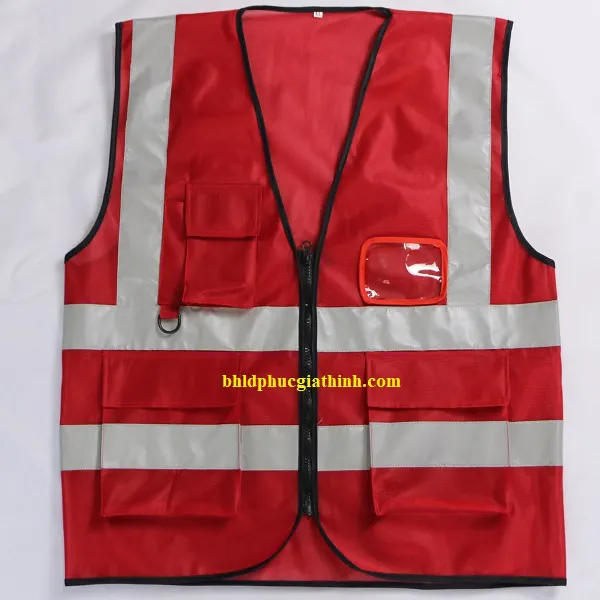 Áo lưới vải Palize 4 túi hộp màu đỏ phản quang Poly sáng cao 5cm