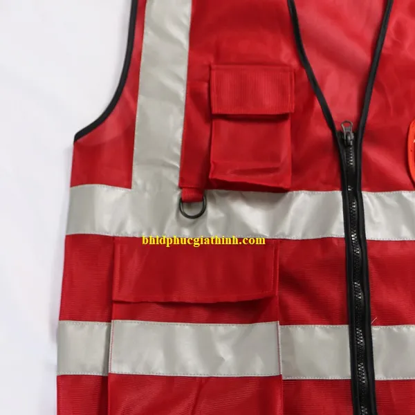 Áo lưới vải Palize 4 túi hộp màu đỏ phản quang Poly sáng cao 5cm