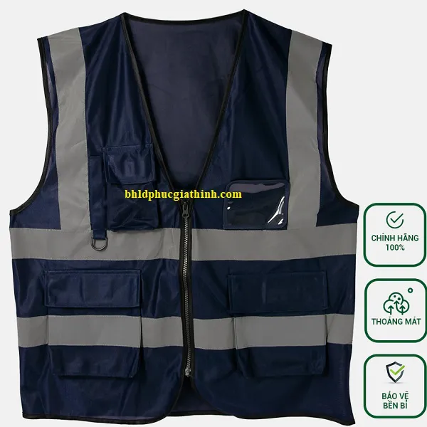 Áo lưới vải Palize 4 túi hộp màu xanh đen phản quang Poly sáng cao 5cm