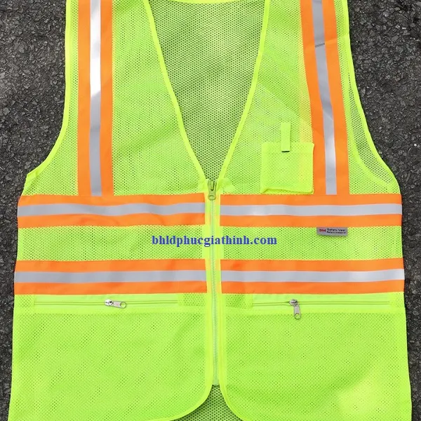 Áo lưới xanh chuối phản quang cam sọc khoá kéo 2 túi lưới