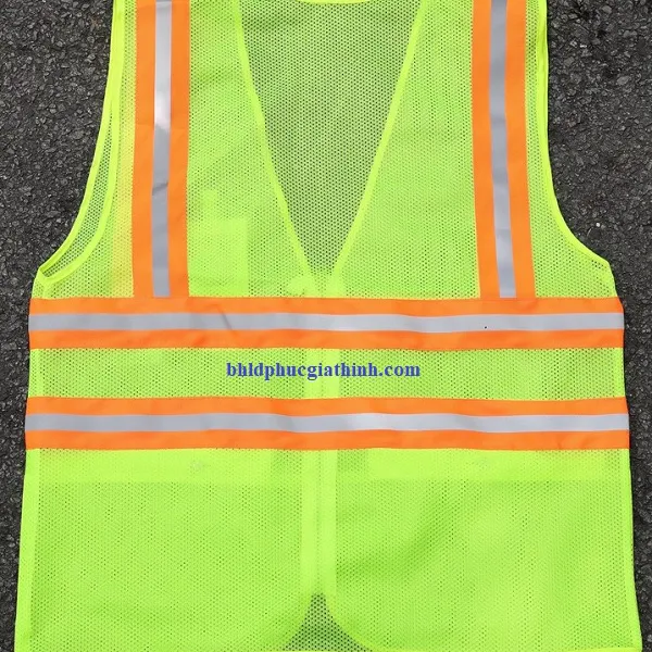 Áo lưới xanh chuối phản quang cam sọc khoá kéo 2 túi lưới