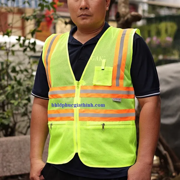 Áo lưới xanh chuối phản quang cam sọc khoá kéo 2 túi lưới