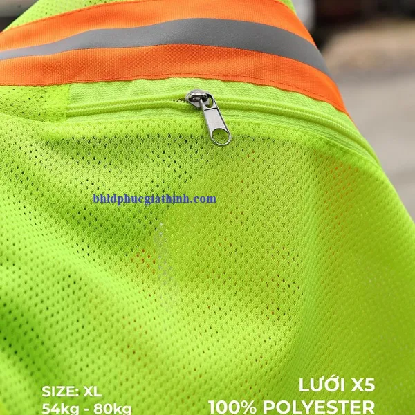 Áo lưới xanh chuối phản quang cam sọc khoá kéo 2 túi lưới