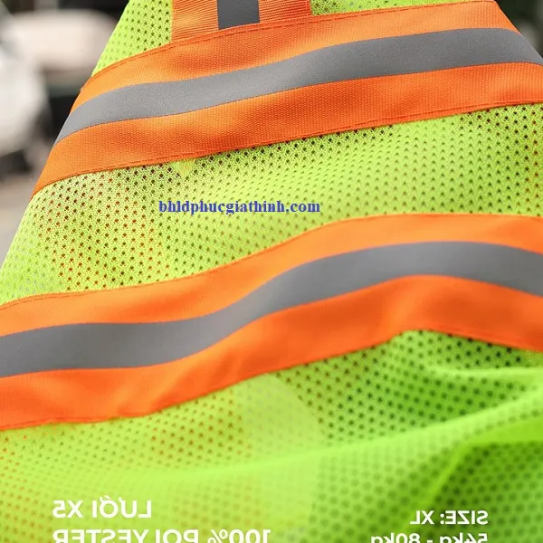 Áo lưới xanh chuối phản quang cam sọc khoá kéo 2 túi lưới