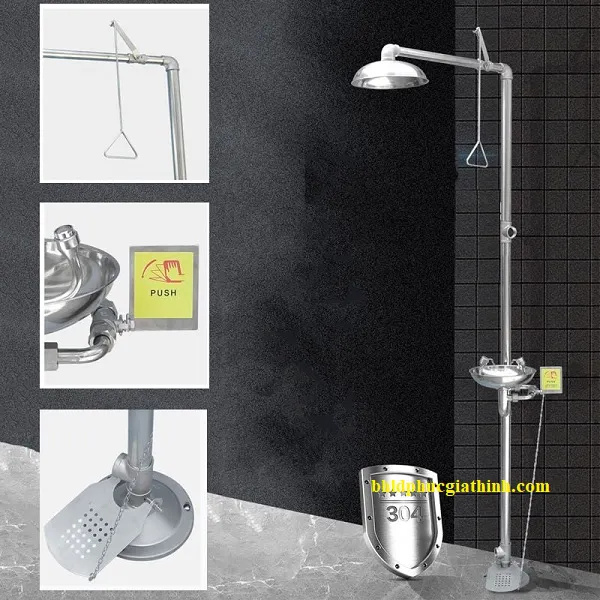 Bồn rửa mắt khẩn cấp kết hợp vòi sen tắm khẩn cấp có chân đạp bằng Inox 304 không rỉ